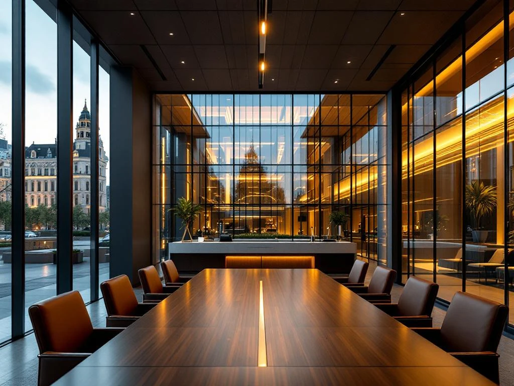 Modern conference venue with glass architecture and wooden meeting table in urban setting with warm lighting