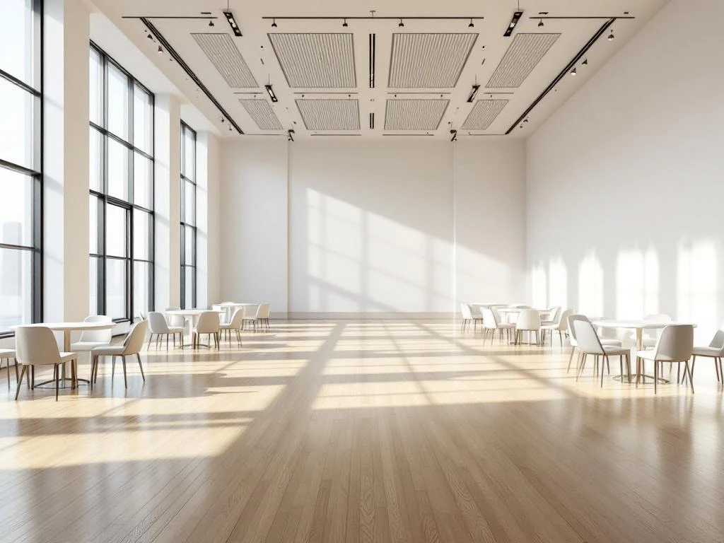 Modern empty ballroom with floor-to-ceiling windows, polished hardwood floors, round tables and natural lighting