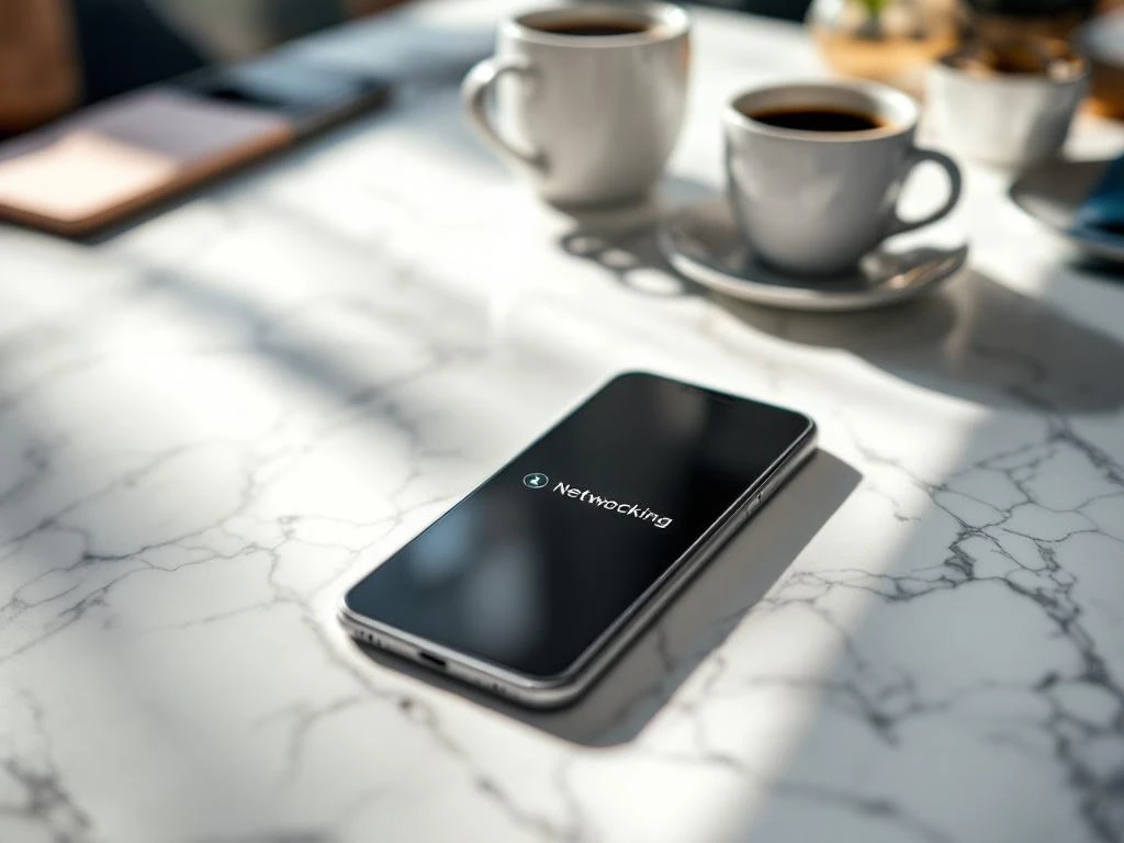 Smartphone displaying networking app interface on marble surface with coffee cups and office setting in background