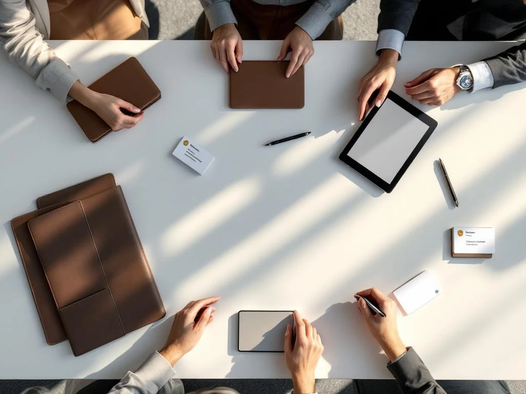 Overhead view of white conference table with business cards, name tags, tablets, and networking accessories at professional event