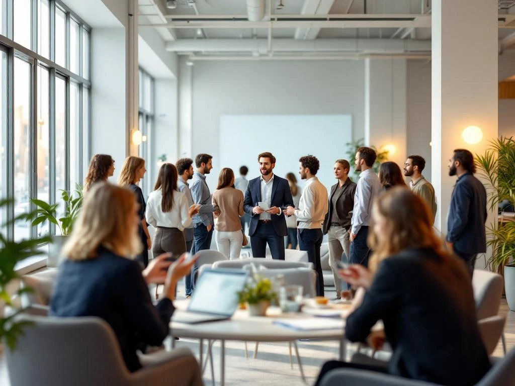 Diverse professionals networking in small groups around tables and in conversation circles within a bright modern office space.
