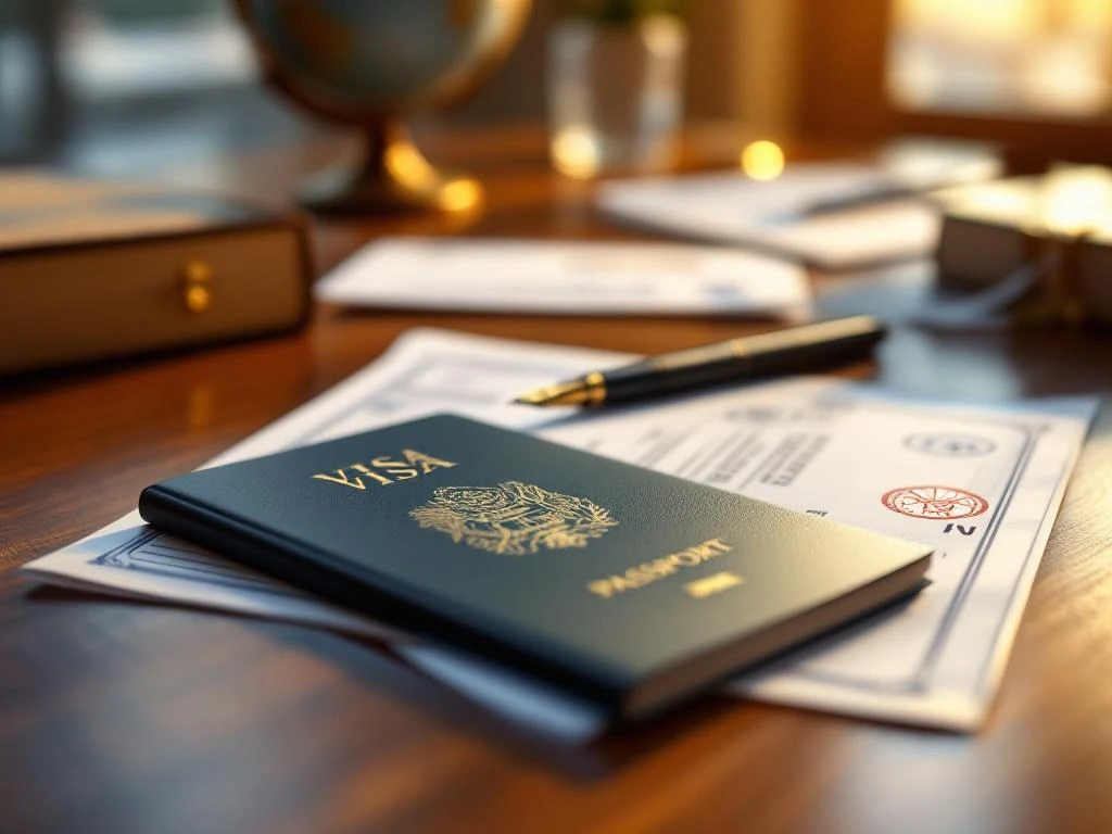 Passport and visa documents on wooden desk with fountain pen, boarding passes and globe in background