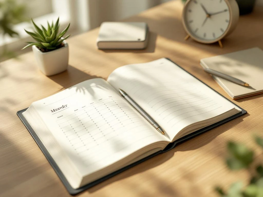 Open monthly planner on wooden desk with pen, succulent plant, and clock in warm natural lighting