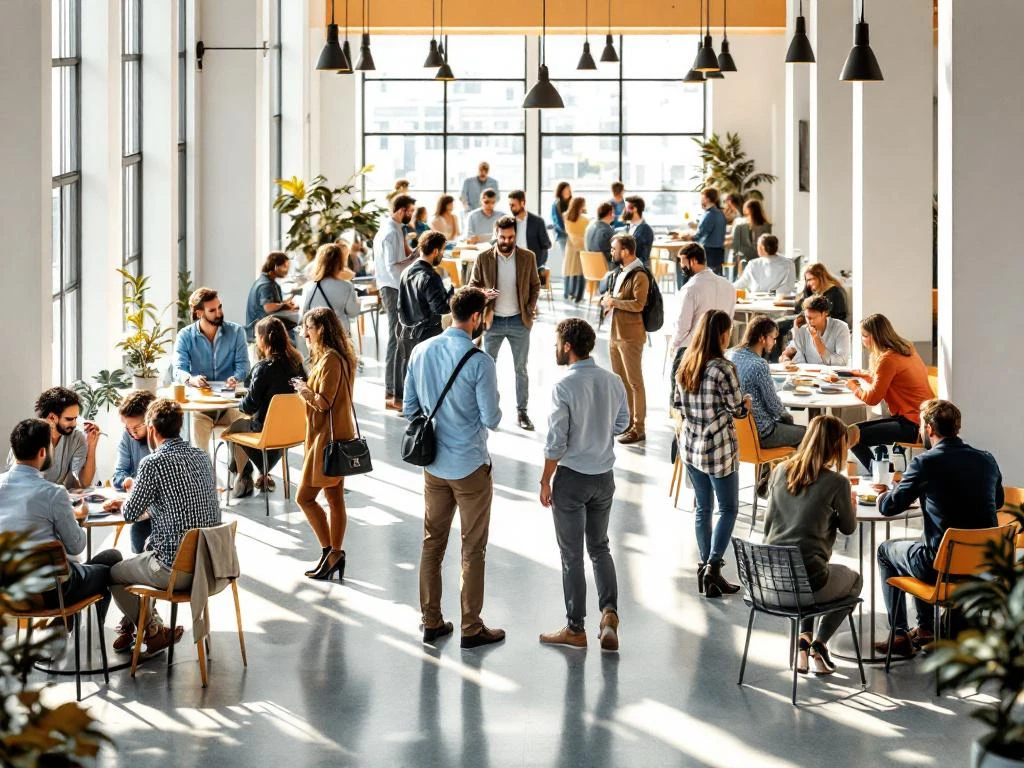 Diverse professionals networking in small groups at tables and conversation circles in bright modern office space