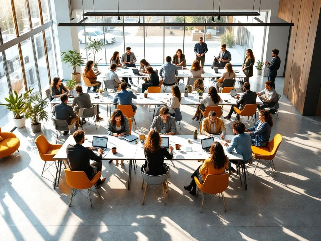 Diverse professionals collaborate in small groups throughout a bright modern conference space with floor-to-ceiling windows.