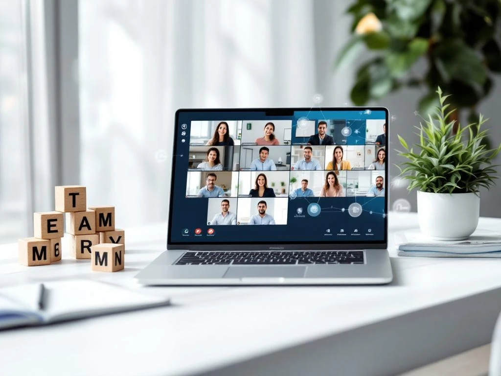 Laptop displaying video conference call on white desk with wooden building blocks, plant, and networking icons in modern workspace