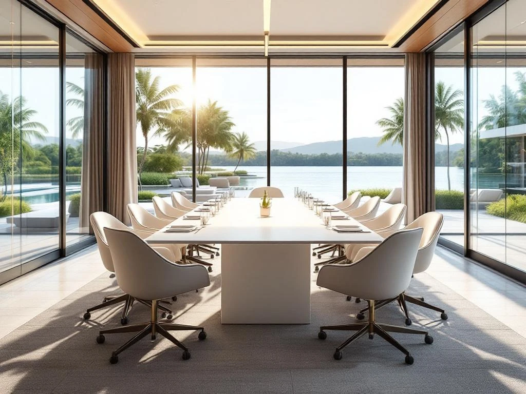 Modern resort conference room with white meeting table, elegant chairs, and floor-to-ceiling windows overlooking water and greenery.