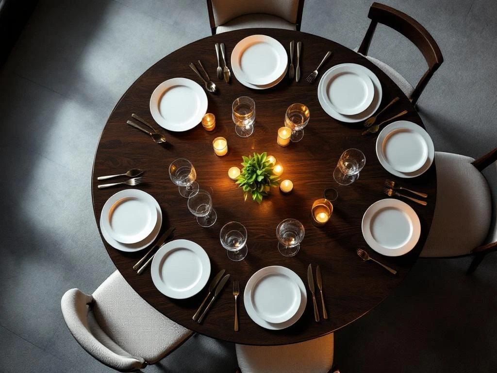 Round dining table set for business networking dinner with white plates, silverware, crystal glasses and empty chairs