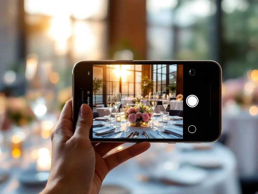 Smartphone displaying Instagram camera interface capturing elegant corporate event with champagne glasses and ambient lighting