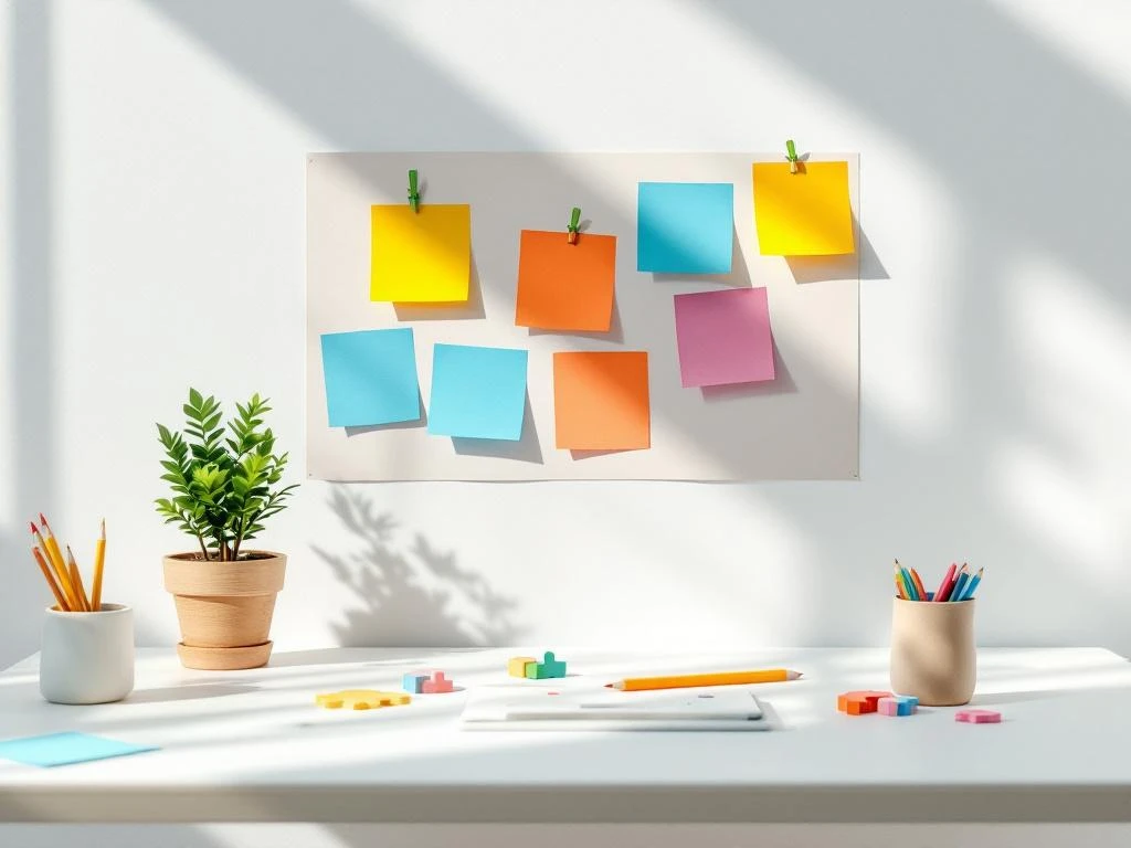 Team-building supplies on white desk: colorful sticky note mind map, potted plant, paper chain links, puzzle pieces, colored pencils