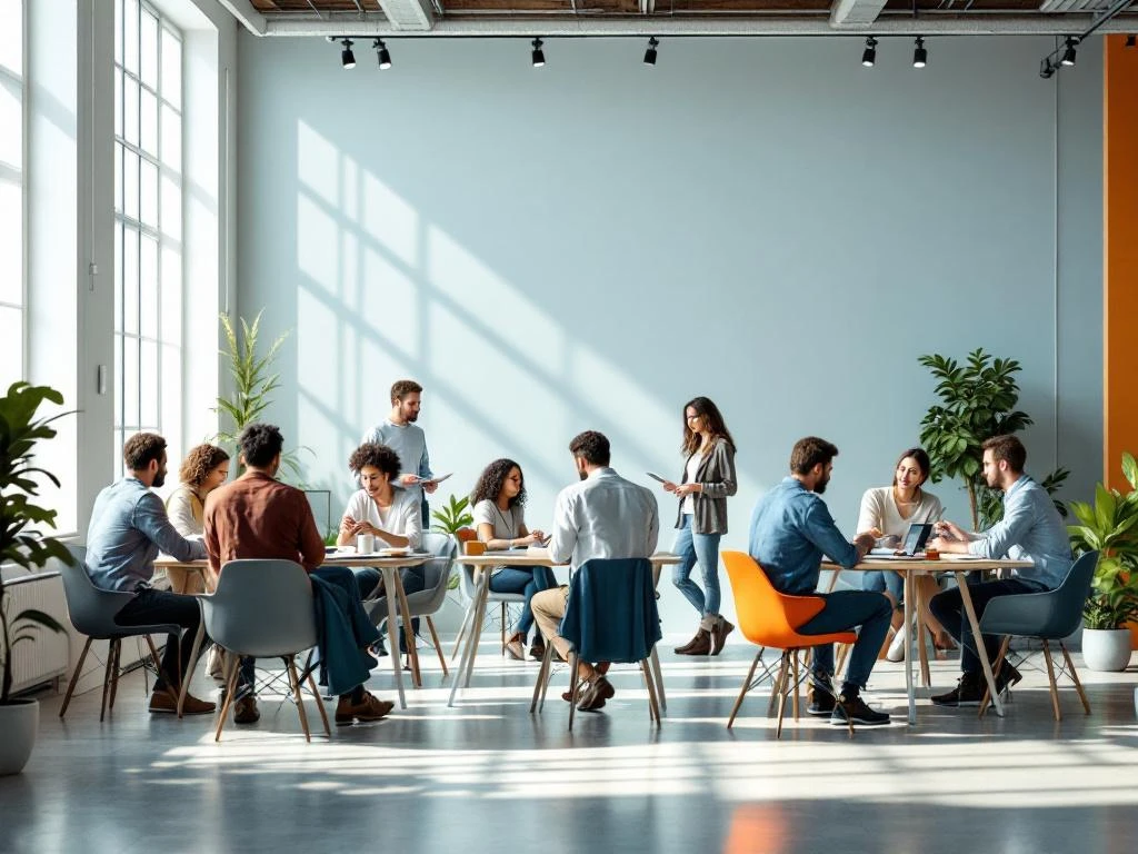 Diverse professionals collaborating in small teams within bright modern office space with natural lighting and open layout.