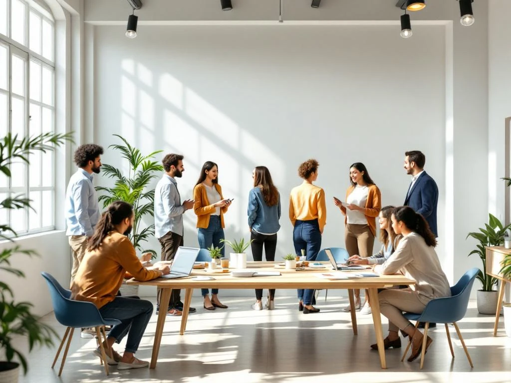 Diverse professionals collaborating in small groups at wooden tables and conversation circles in bright modern office space.