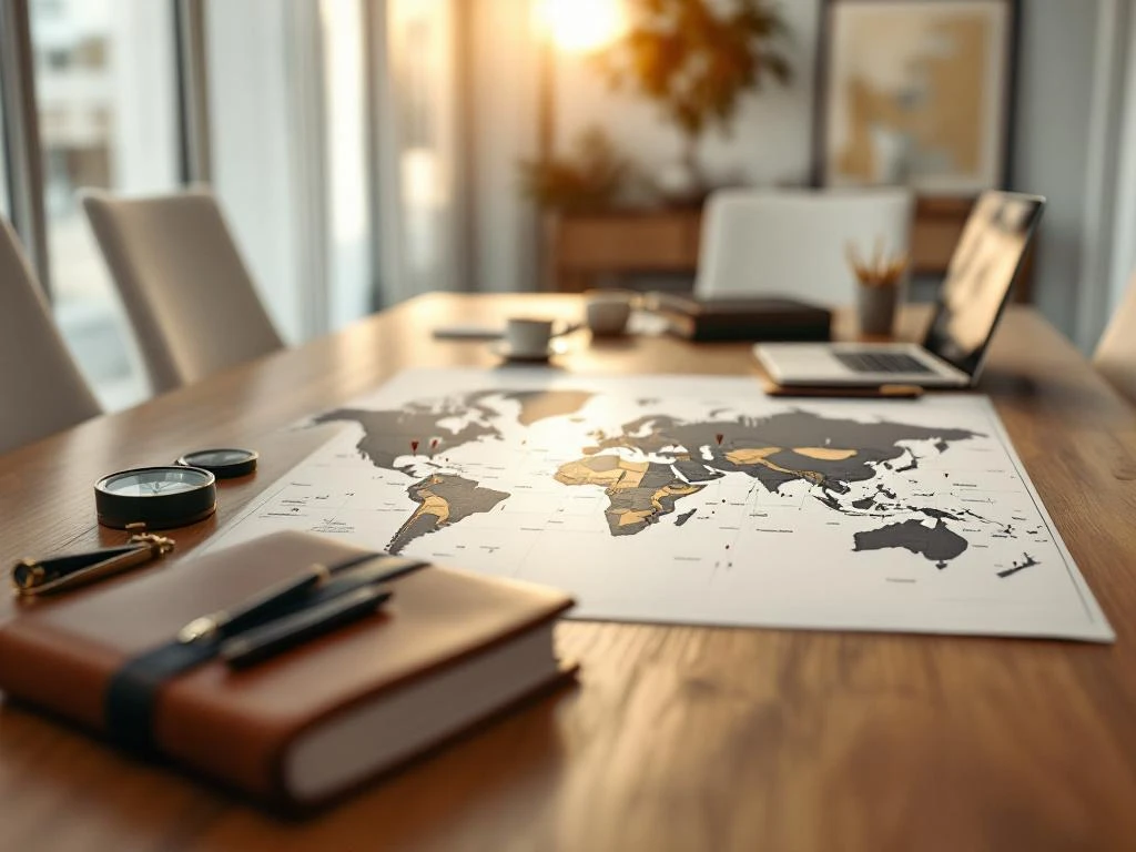 Conference table with world map, destination pins, tablet, compass and leather portfolio in warm natural lighting for travel planning.