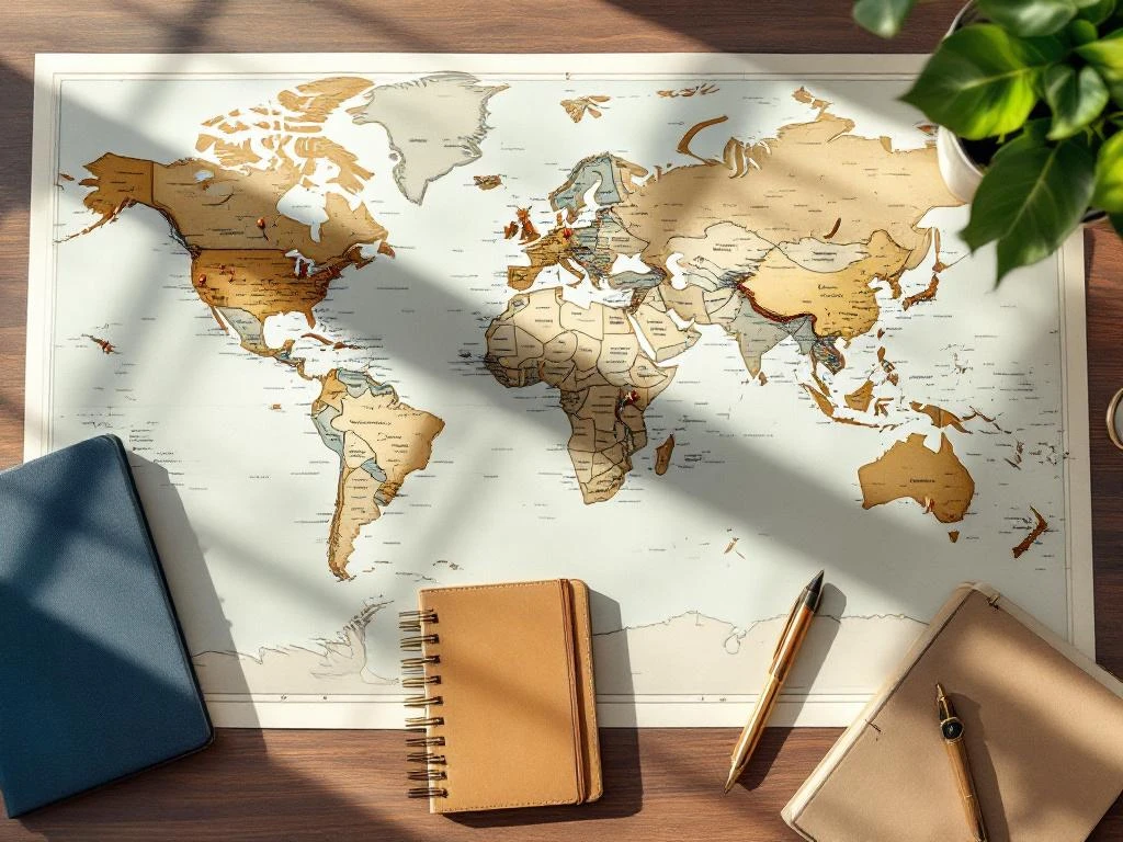 Wooden desk with world map, leather planner, vintage compass and pen for travel planning in warm natural lighting.