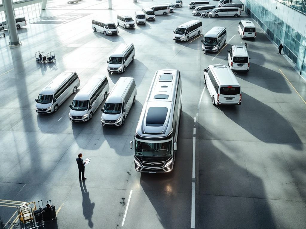 Fleet of luxury coaches and vans arranged on airport tarmac with coordinator and luggage carts in modern terminal setting.