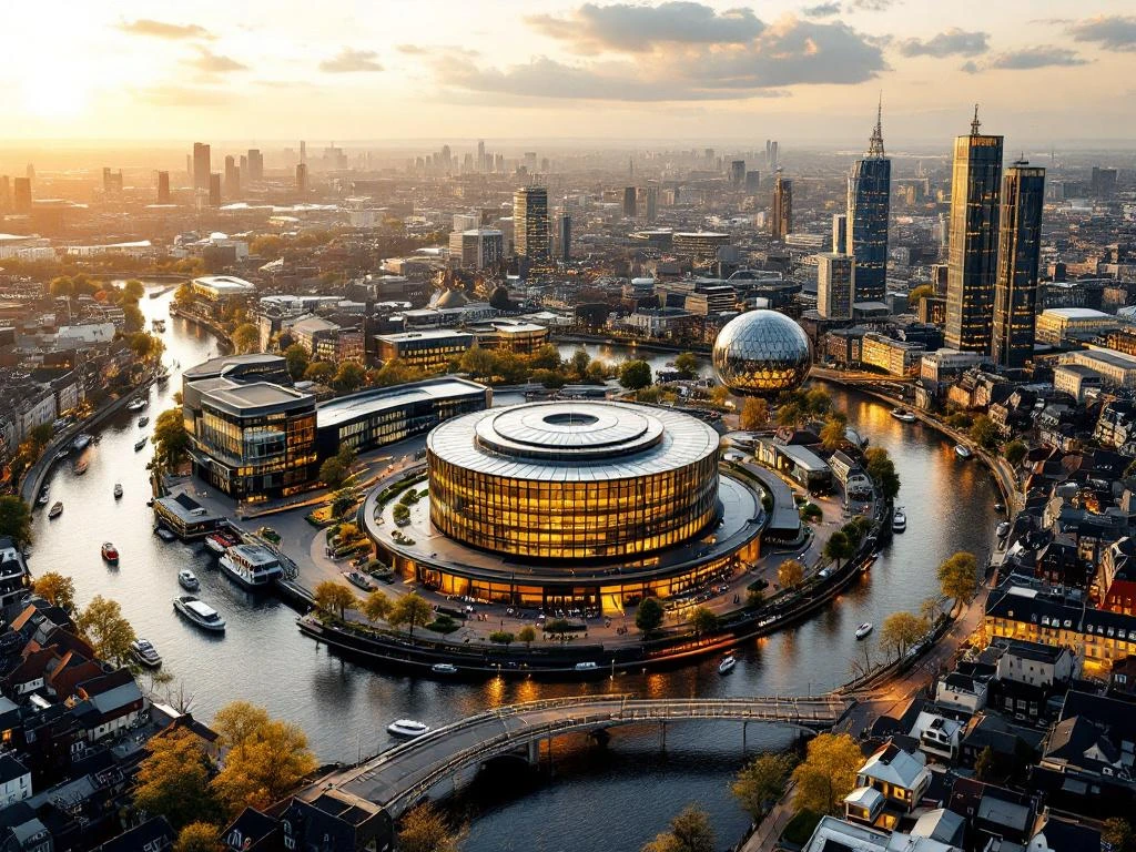 Aerial view of Amsterdam's canal ring system with historic Dutch architecture and modern glass conference buildings at golden hour.