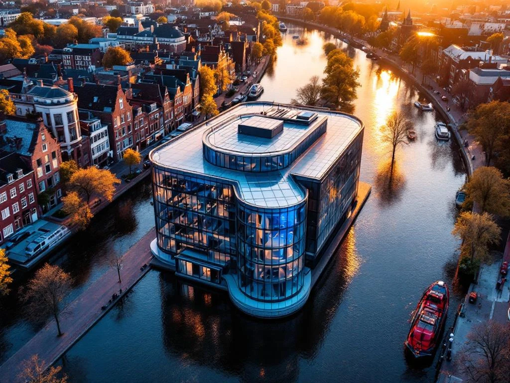 Modern glass conference center along Amsterdam's historic canal ring with traditional brick buildings at golden hour