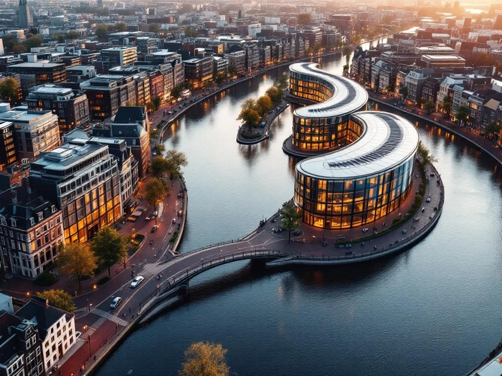 Aerial view of Amsterdam's canal ring with historic Dutch houses and modern glass conference buildings at golden hour