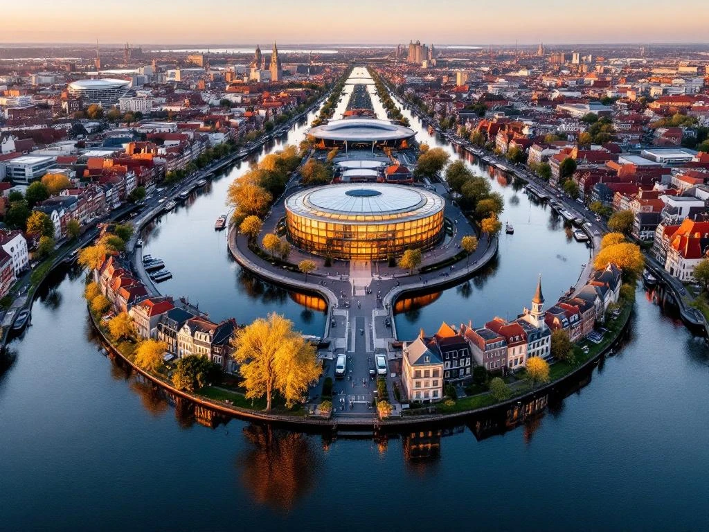 Aerial view of Amsterdam's historic canal ring with traditional Dutch buildings and modern conference centers at golden hour