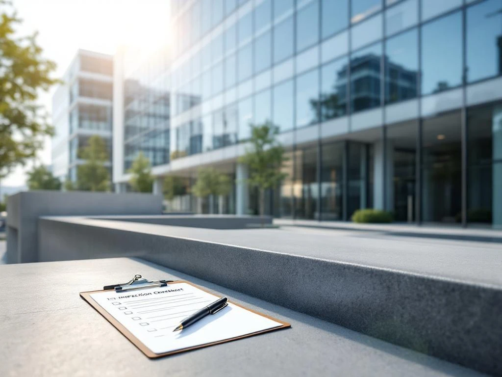 Professional clipboard with inspection checklist on concrete ledge in front of modern glass office building exterior
