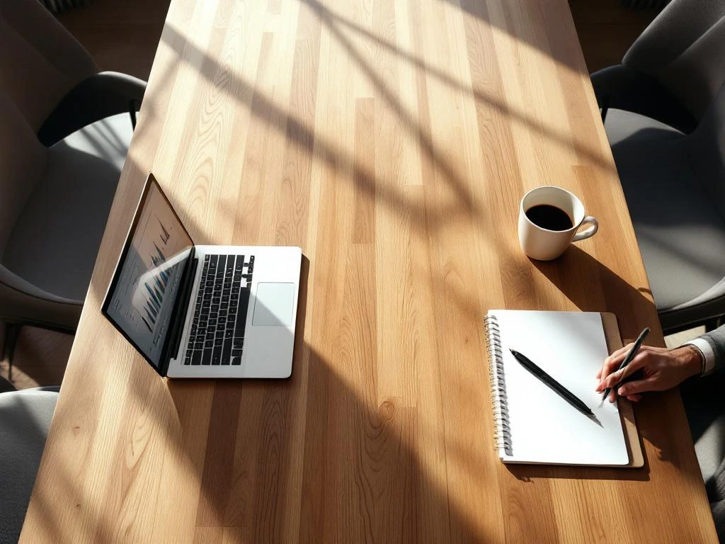 Business conference table with laptop displaying charts, notepad with pen, and coffee cup in natural lighting