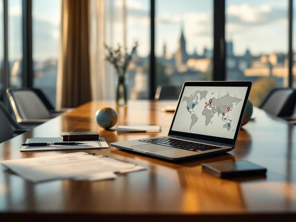 Conference table with laptop showing world map, travel documents, and passport in hotel meeting room overlooking European city skyline.