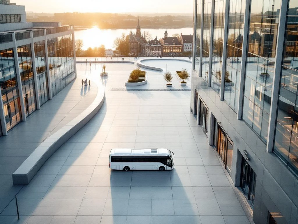 White charter bus at modern glass transportation hub entrance with contemporary and historic Dutch architecture at golden hour.