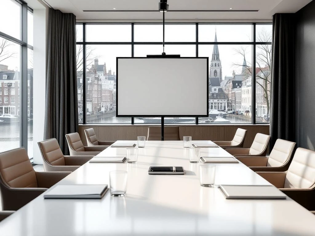 Modern conference room with white table and leather chairs overlooking Amsterdam canal houses through floor-to-ceiling windows