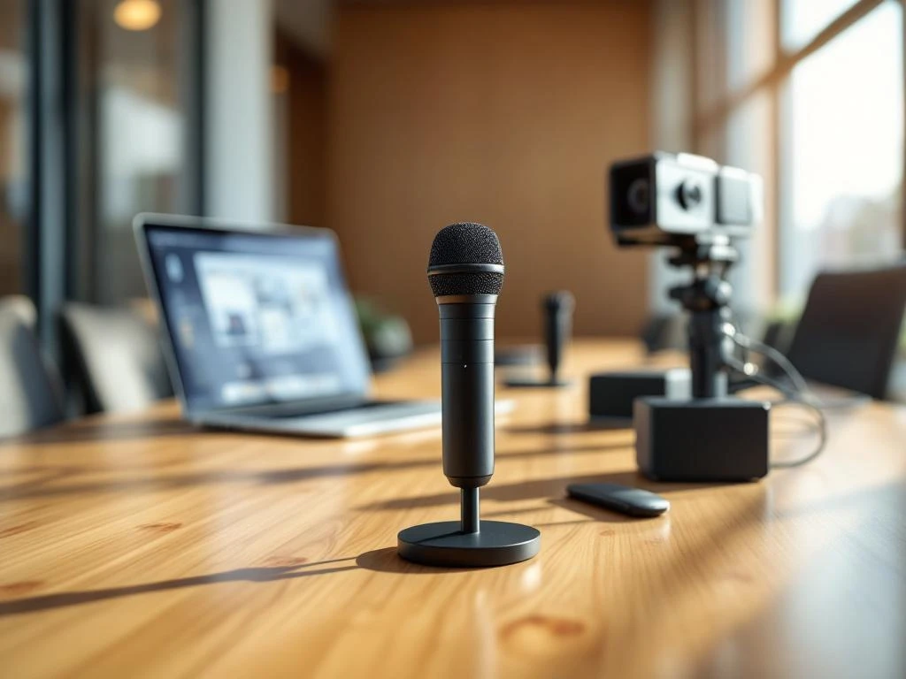Professional conference room with black microphone, laptop, speakers, and video camera on wooden table with natural lighting.