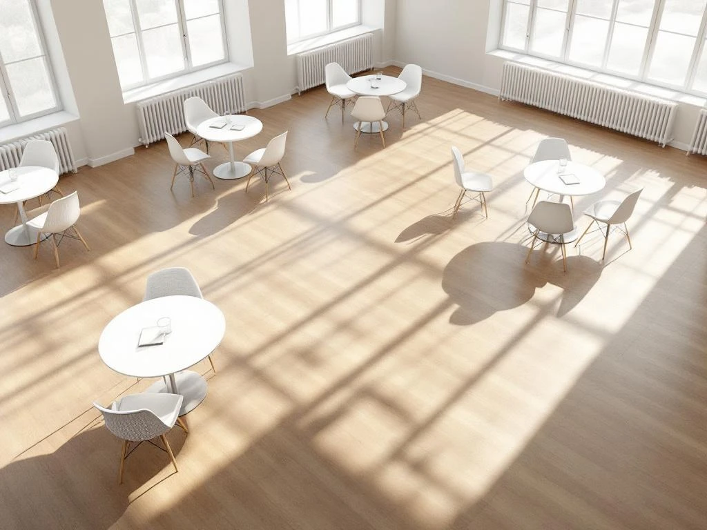 Modern conference room with circular tables and chairs arranged for small group discussions, featuring natural lighting and minimalist design.