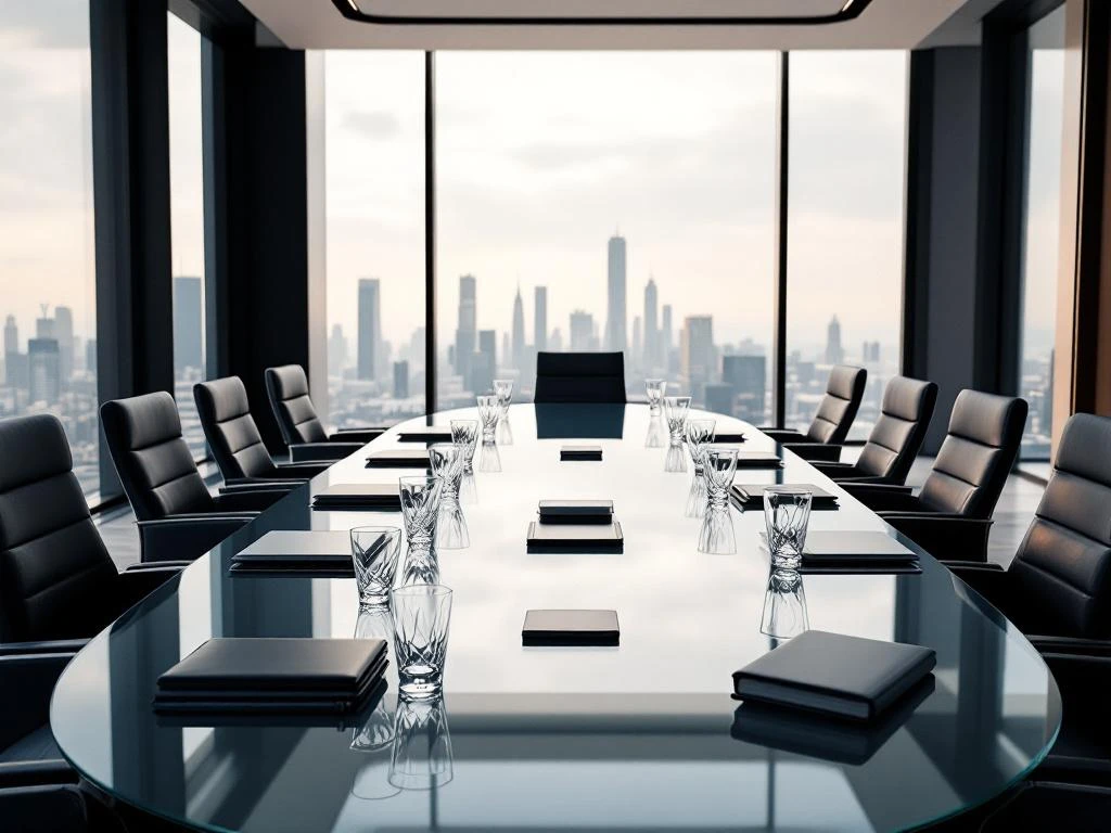Modern conference room with oval glass table, black leather chairs, laptops and portfolios, city skyline view through windows.