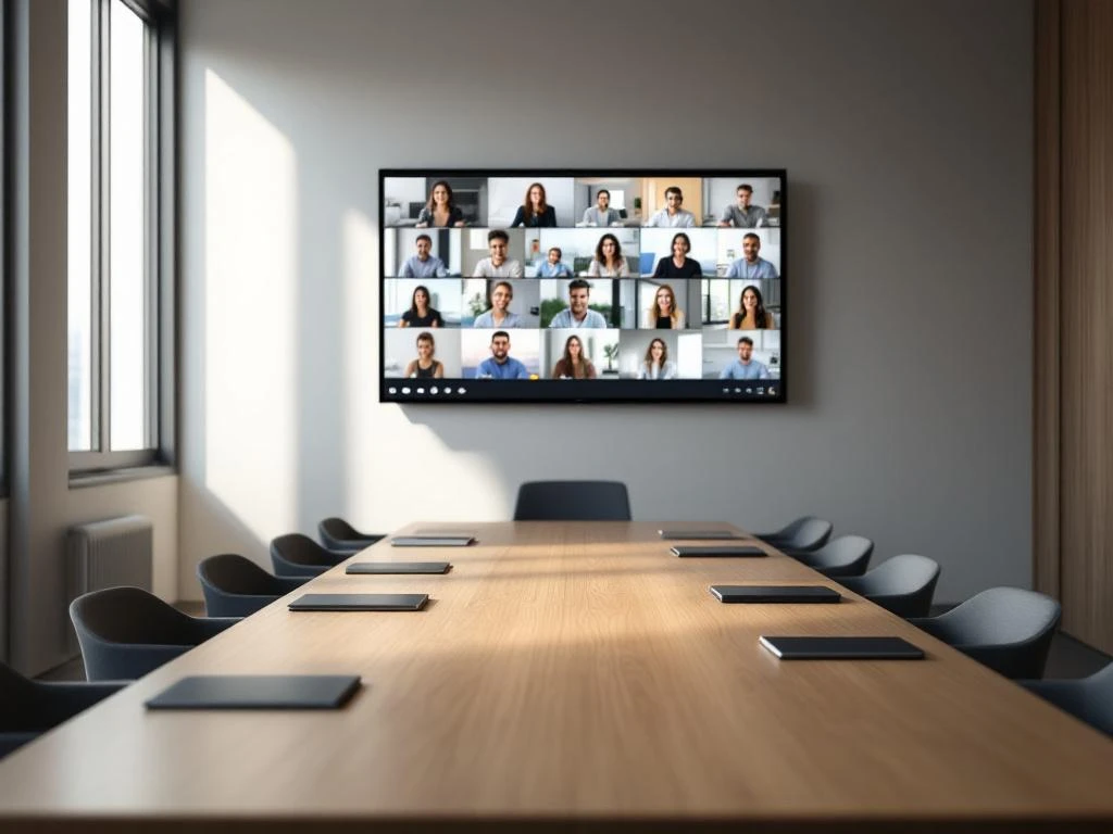 Modern conference room with wall-mounted screen showing remote video participants, empty table with laptops and notebooks