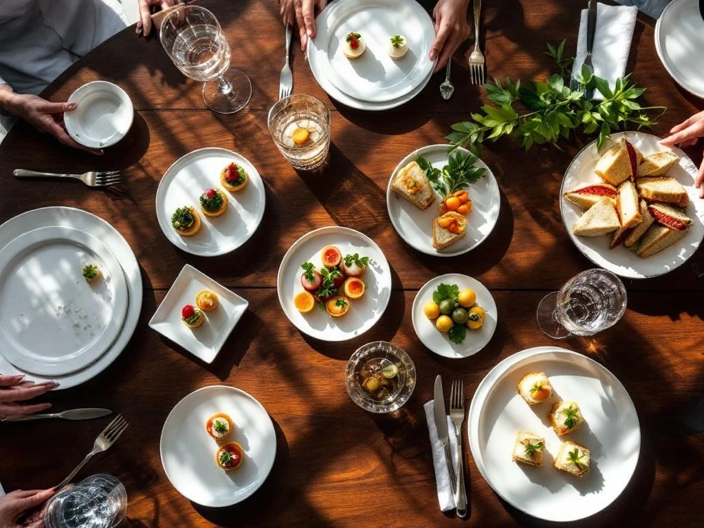 Corporate boardroom table with elegant catering setup featuring gourmet canapés, crystal glasses, and artisanal food on dark wood.