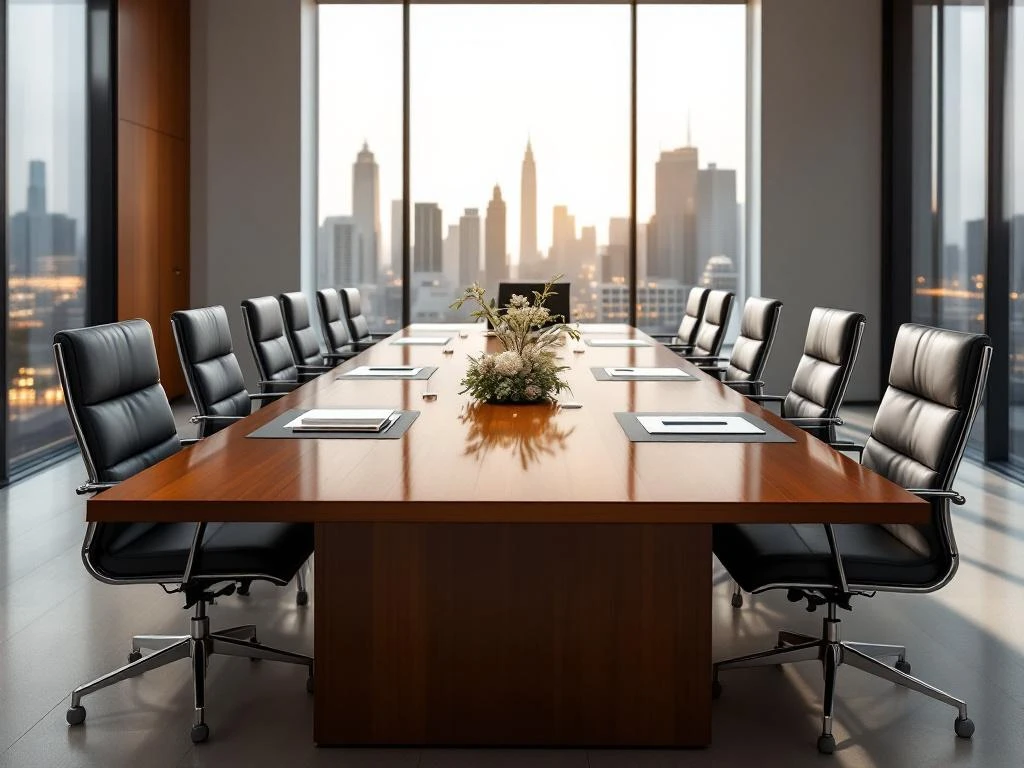 Corporate boardroom with mahogany conference table, leather chairs, laptop, and city skyline view through windows
