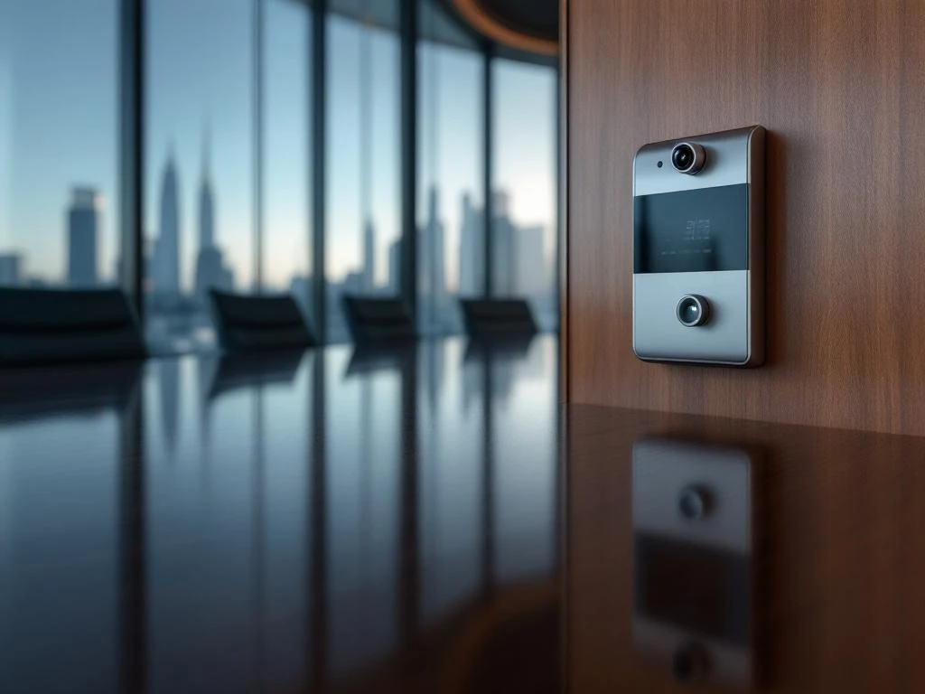 Modern corporate boardroom with mahogany conference table, security access reader, and city skyline view through windows.
