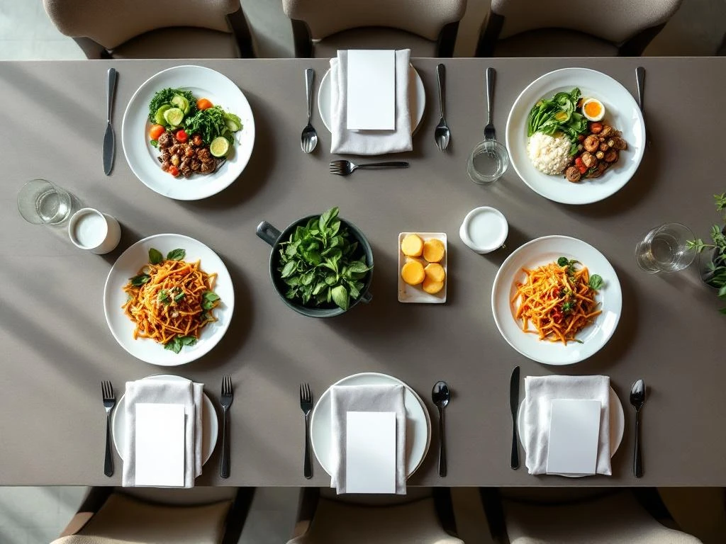 Overhead view of elegant corporate dining table with multiple place settings showing vegetarian, vegan, gluten-free meal options