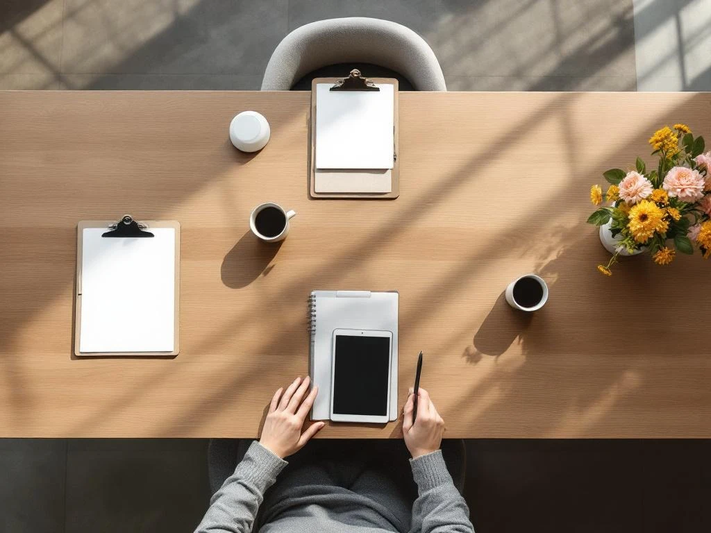 Conference table with organized planning materials, notebooks, tablets, clipboards, and floral centerpieces in natural light.