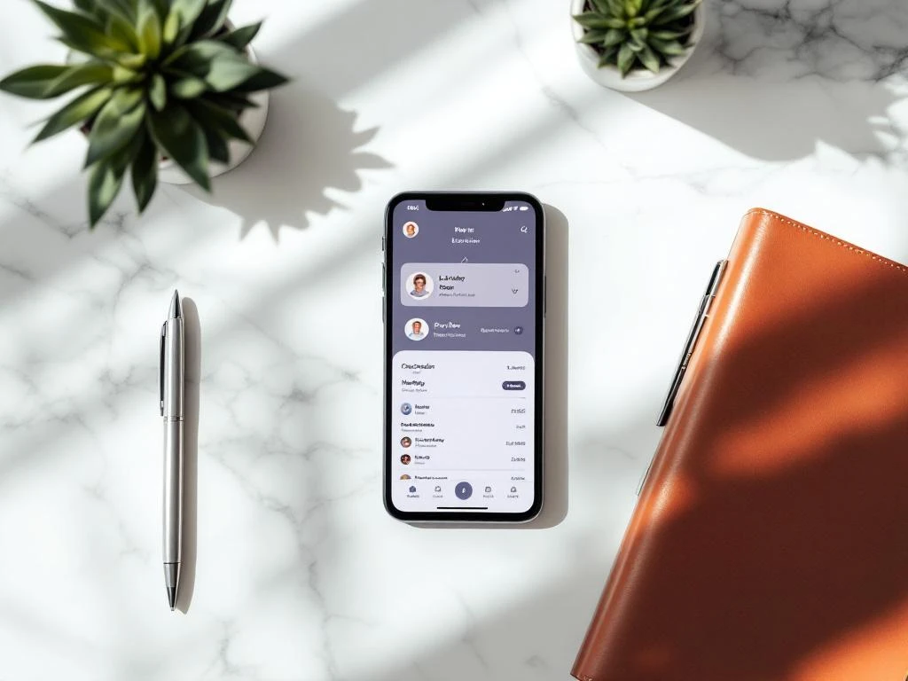 Smartphone displaying corporate event app with calendar interface on white marble desk with leather notebook, pen, and succulent plant