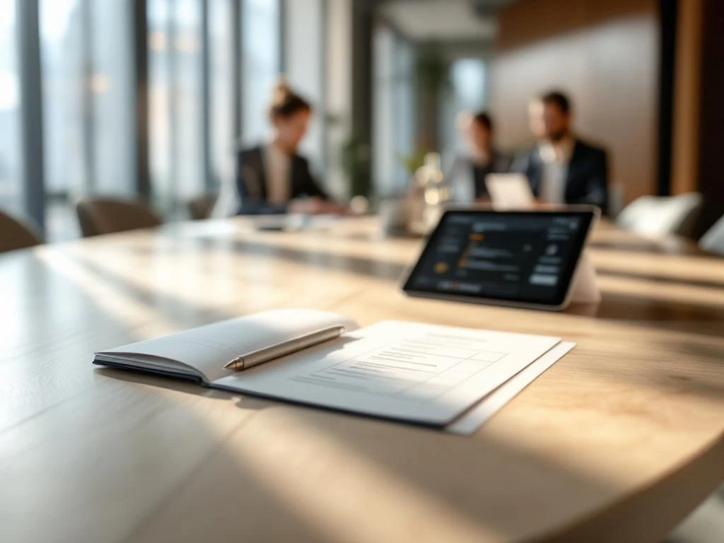 Modern conference room with wooden table, planning materials, and professionals collaborating in natural light