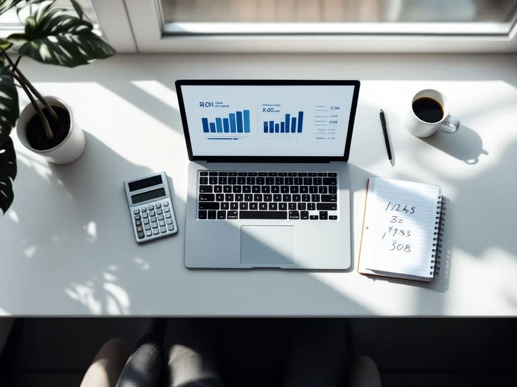 Laptop displaying financial charts and ROI calculations on minimalist white desk with calculator, notepad, and pen