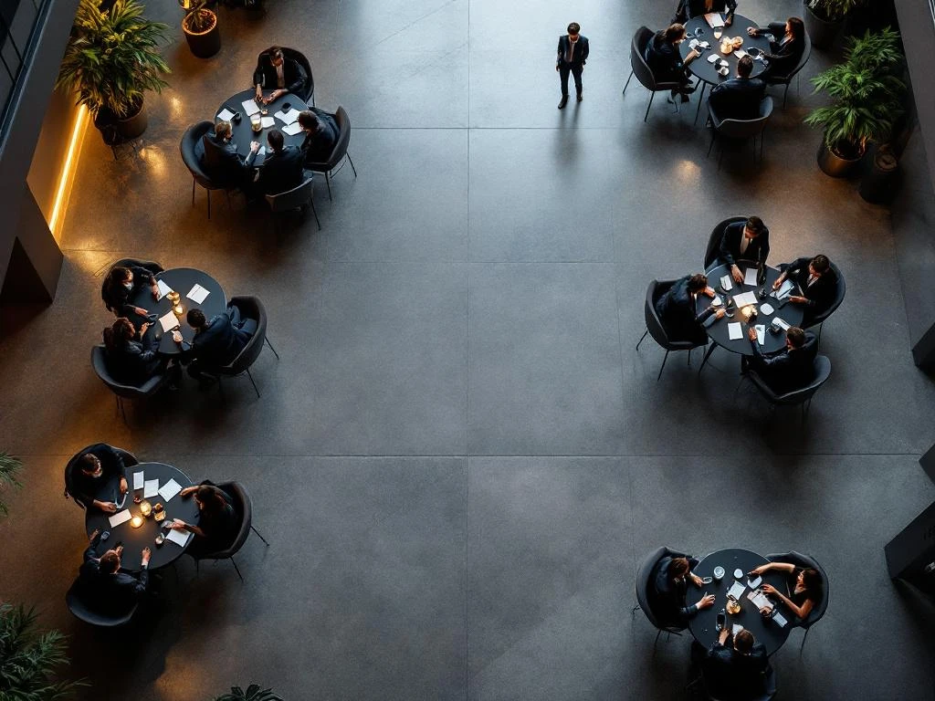 Business professionals networking at round cocktail tables in modern corporate event space with polished concrete floors