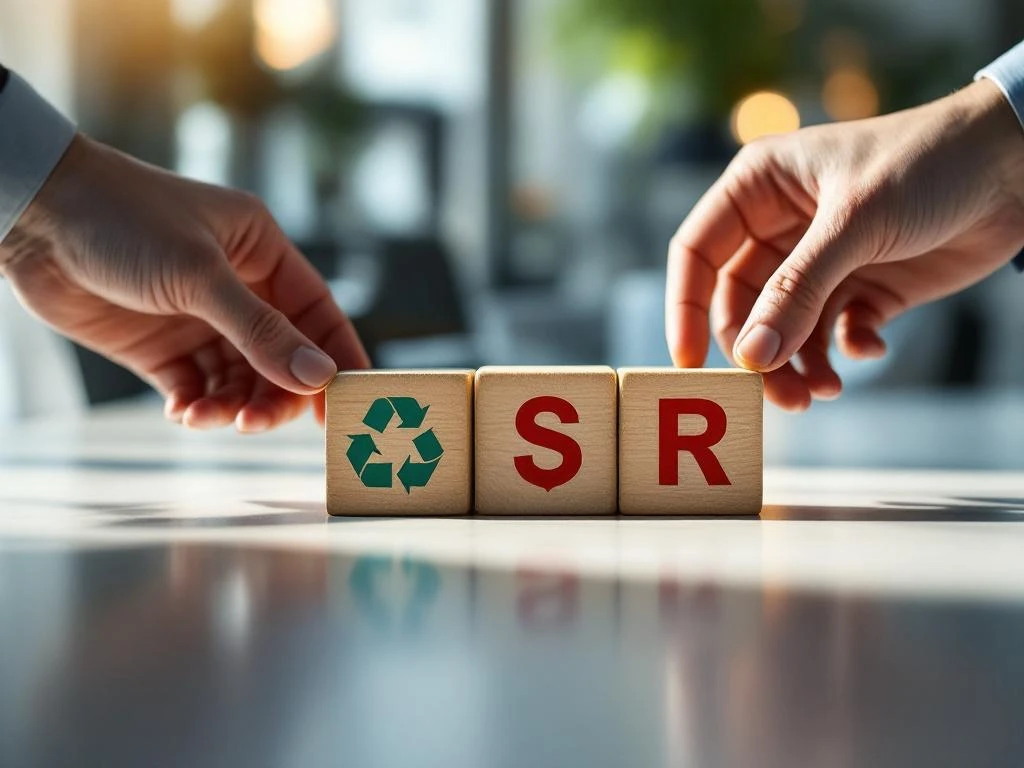 Hands placing wooden blocks with CSR symbols including recycling, heart, and handshake icons on modern conference table