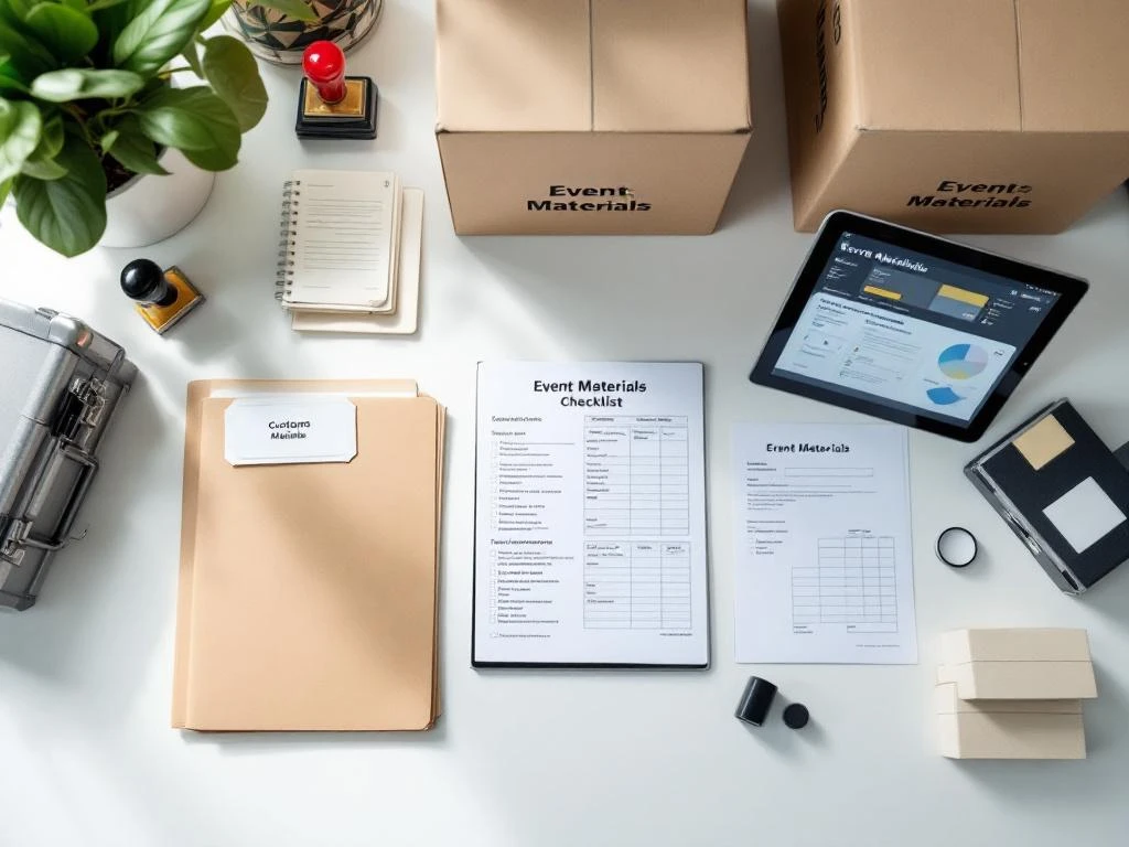 Customs inspection desk with organized event materials, manila folders, digital tablet, and shipping boxes in professional office setting.