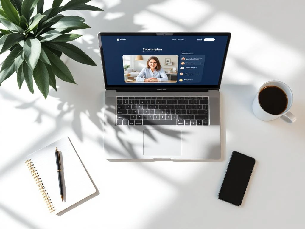 Laptop displaying professional meeting interface on minimalist office desk with notepad, pen, smartphone and coffee cup from above