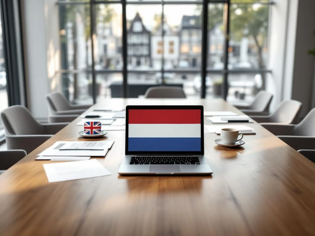 Modern conference table with laptop displaying Netherlands and British flags, business documents, and Amsterdam canal houses visible through windows.