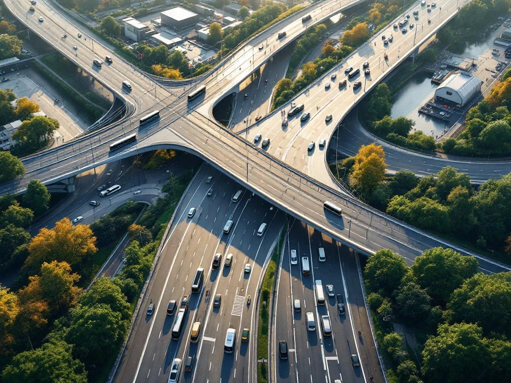 Aerial view of modern Dutch bridges, highways, and public transport systems with trams and buses during large event
