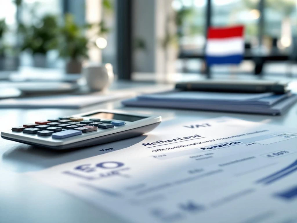 Dutch tax documents and VAT forms on white desk with calculator, featuring euro symbols and Netherlands flag background.