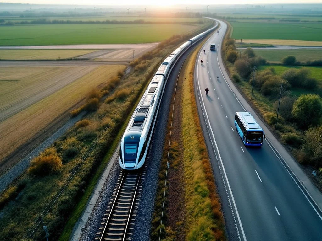 Modern electric train on Dutch railway tracks with parallel bicycle lane, highway with blue bus, and windmills in green landscape