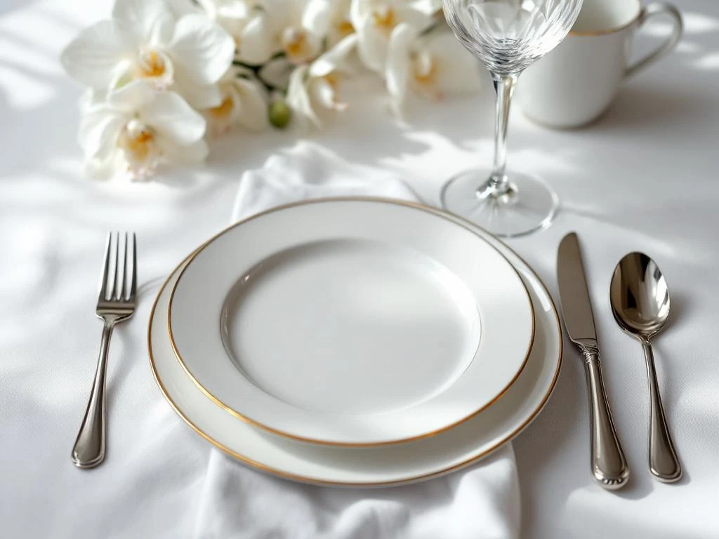 Elegant white porcelain dinner plate with gold rim on white linen, silver cutlery, crystal wine glass, orchids in background