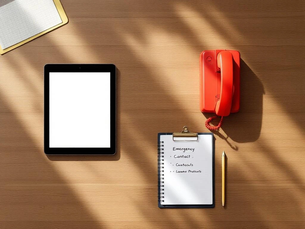 Emergency planning materials on wooden conference table including tablet with contact icons, notepad, clipboard, and red phone